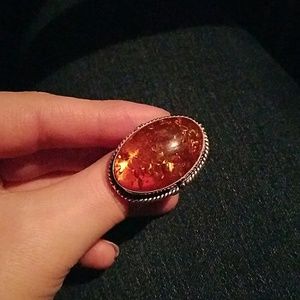Stunning Sterling Silver Amber Ring Size 9